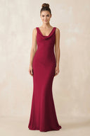 Cowl Neck Sheath Chiffon Bridesmaid Dress in Berry - KissProm Bridesmaid Dresses
