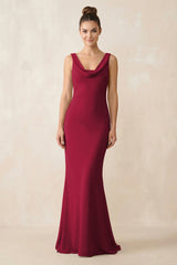 Cowl Neck Sheath Chiffon Bridesmaid Dress in Berry - KissProm Bridesmaid Dresses