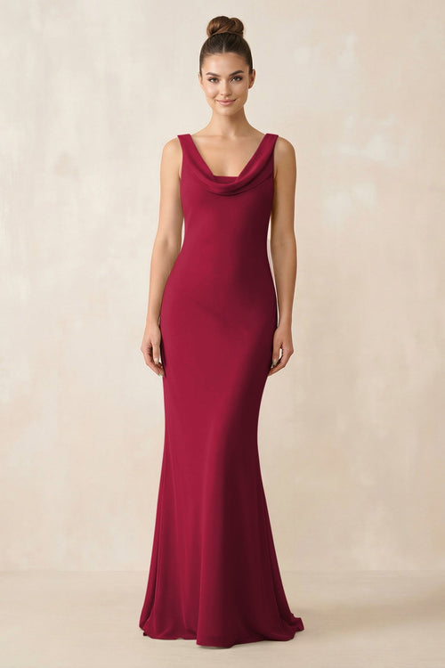 Cowl Neck Sheath Chiffon Bridesmaid Dress in Berry - KissProm Bridesmaid Dresses