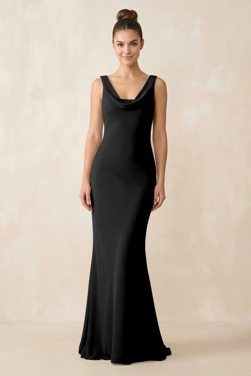 Cowl Neck Sheath Chiffon Bridesmaid Dress in Black - KissProm Bridesmaid Dresses
