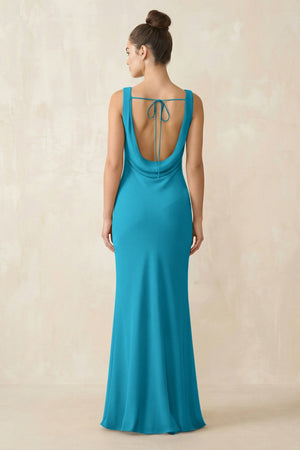 Cowl Neck Sheath Chiffon Bridesmaid Dress in Blue Jay - KissProm Bridesmaid Dresses