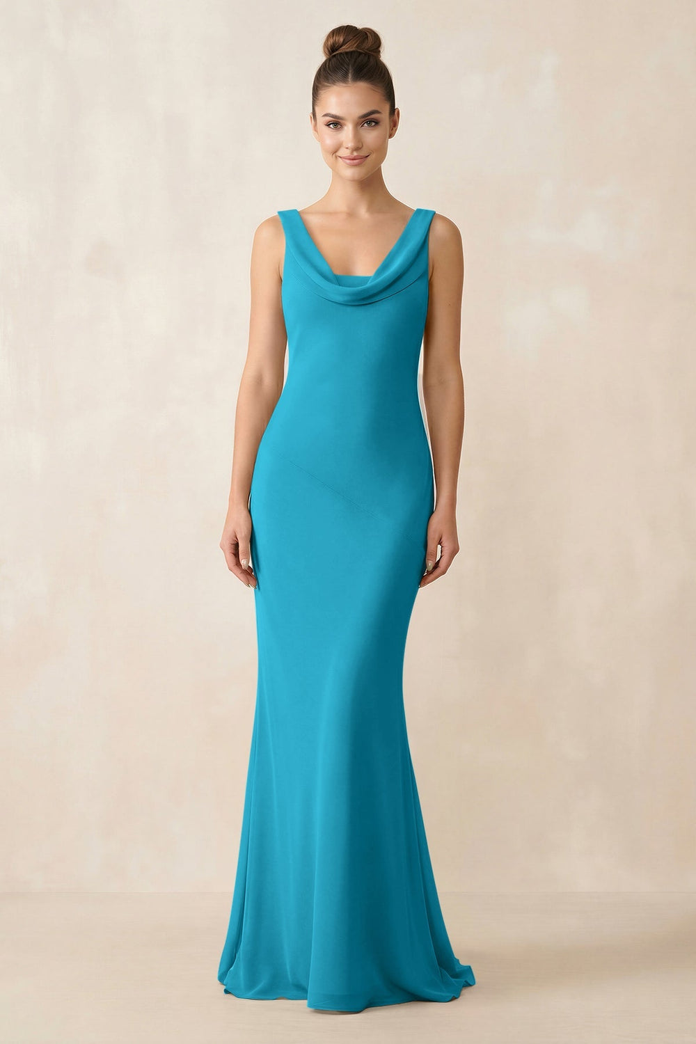 Cowl Neck Sheath Chiffon Bridesmaid Dress in Blue Jay - KissProm Bridesmaid Dresses