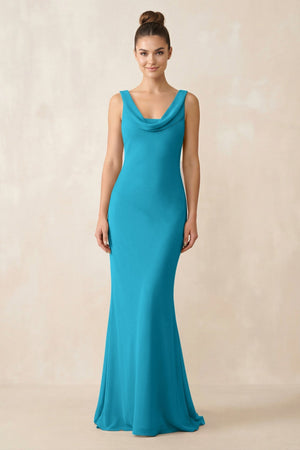 Cowl Neck Sheath Chiffon Bridesmaid Dress in Blue Jay - KissProm Bridesmaid Dresses