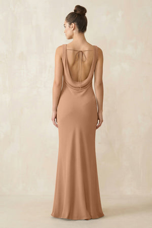 Cowl Neck Sheath Chiffon Bridesmaid Dress in Bronzer - KissProm Bridesmaid Dresses