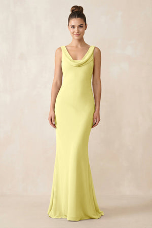 Cowl Neck Sheath Chiffon Bridesmaid Dress in Buttercup - KissProm Bridesmaid Dresses