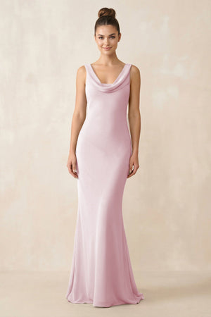 Cowl Neck Sheath Chiffon Bridesmaid Dress in Candy Pink - KissProm Bridesmaid Dresses