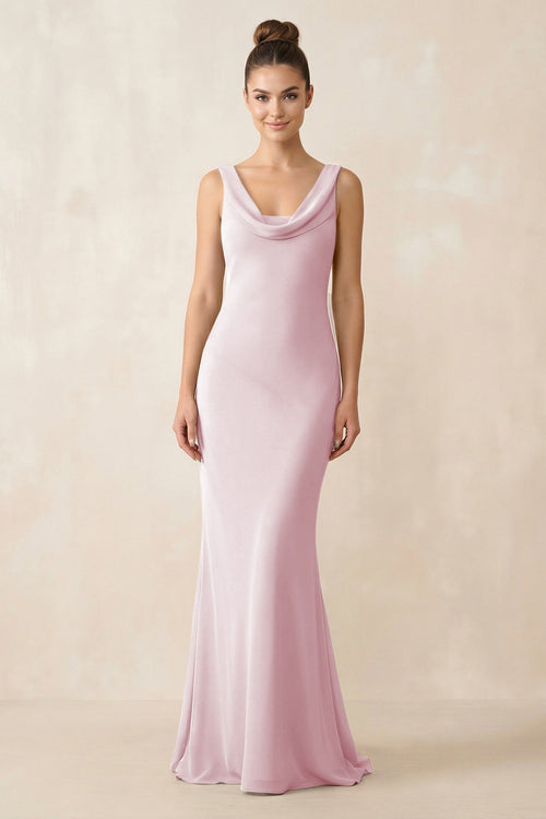 Cowl Neck Sheath Chiffon Bridesmaid Dress in Candy Pink - KissProm Bridesmaid Dresses