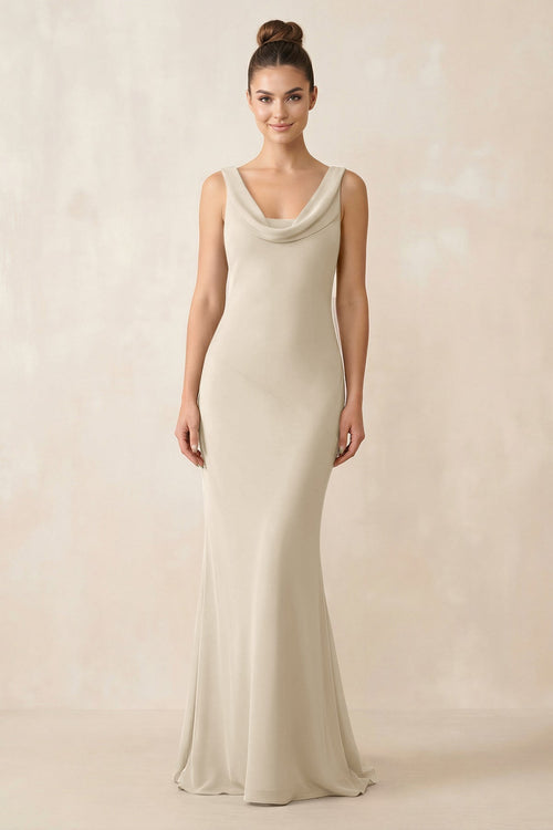 Cowl Neck Sheath Chiffon Bridesmaid Dress in Champagne - KissProm Bridesmaid Dresses
