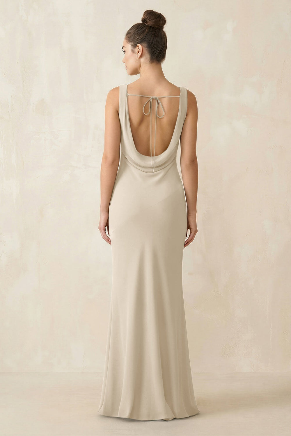 Cowl Neck Sheath Chiffon Bridesmaid Dress in Champagne - KissProm Bridesmaid Dresses