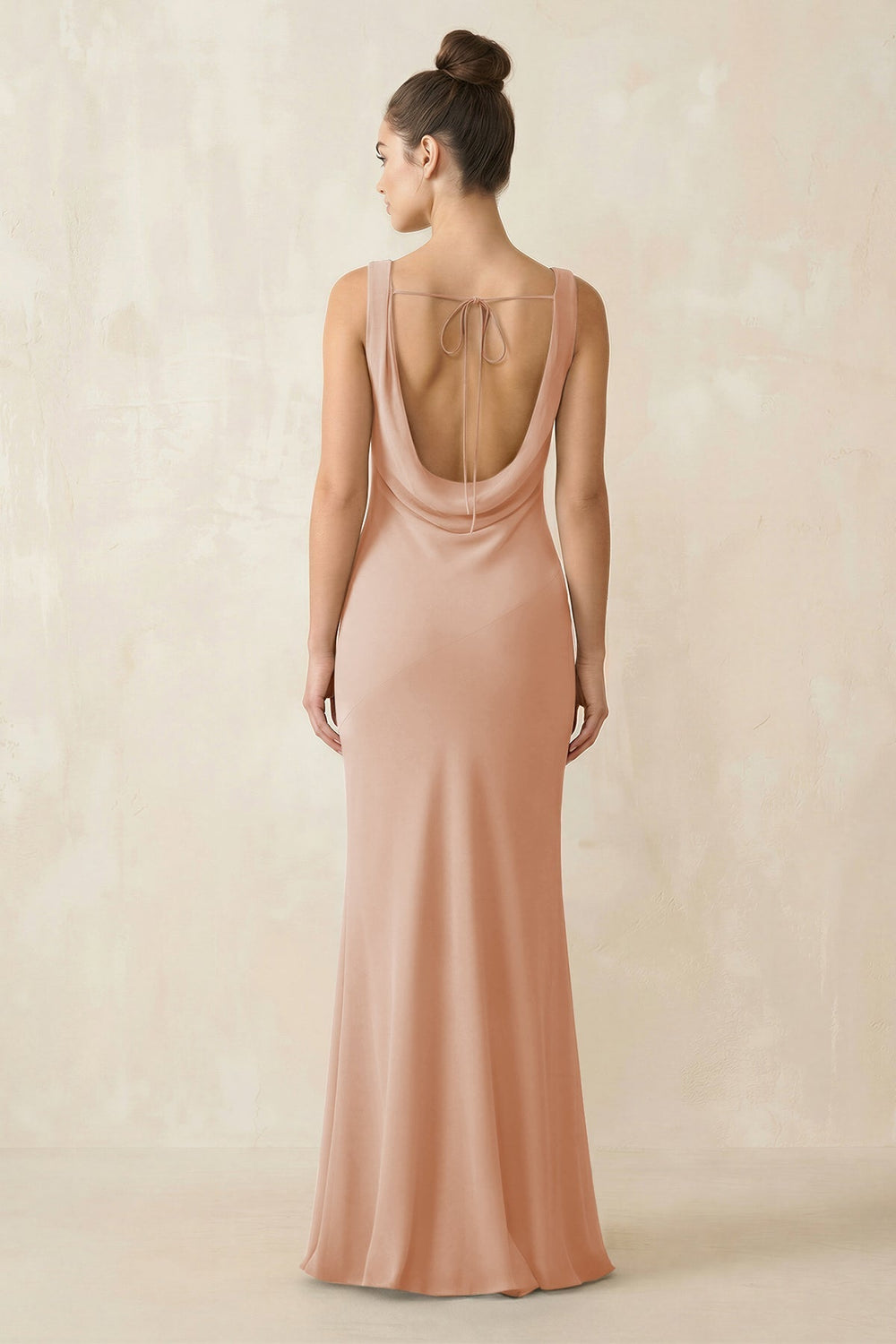 Cowl Neck Sheath Chiffon Bridesmaid Dress in Champagne Rose - KissProm Bridesmaid Dresses