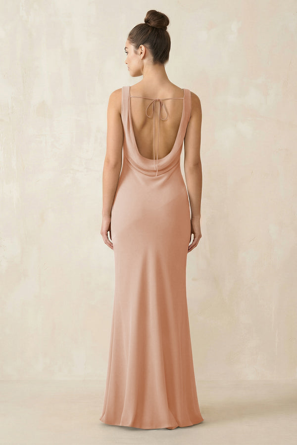 Cowl Neck Sheath Chiffon Bridesmaid Dress in Champagne Rose - KissProm Bridesmaid Dresses