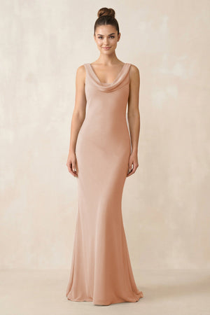 Cowl Neck Sheath Chiffon Bridesmaid Dress in Champagne Rose - KissProm Bridesmaid Dresses