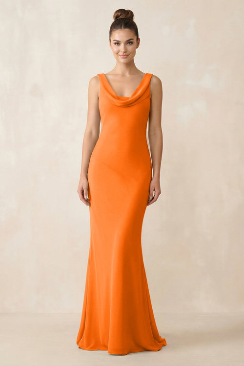 Cowl Neck Sheath Chiffon Bridesmaid Dress in Cinnamon - KissProm Bridesmaid Dresses