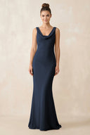 Cowl Neck Sheath Chiffon Bridesmaid Dress in Dark Navy - KissProm Bridesmaid Dresses