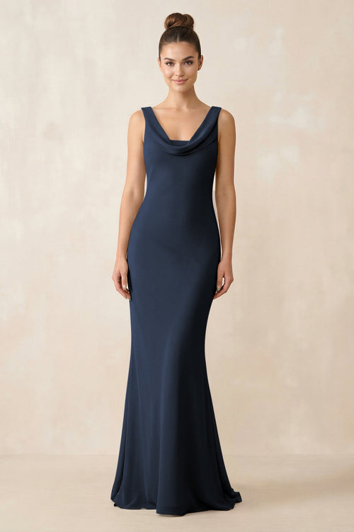 Cowl Neck Sheath Chiffon Bridesmaid Dress in Dark Navy - KissProm Bridesmaid Dresses