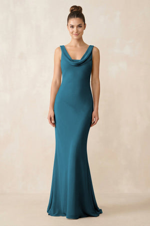 Cowl Neck Sheath Chiffon Bridesmaid Dress in Dark Teal - KissProm Bridesmaid Dresses