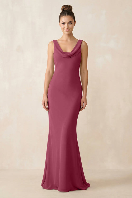 Cowl Neck Sheath Chiffon Bridesmaid Dress in Desert Rose - KissProm Bridesmaid Dresses