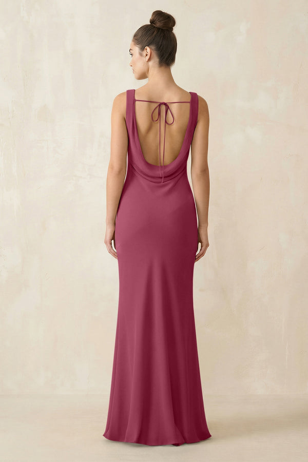 Cowl Neck Sheath Chiffon Bridesmaid Dress in Desert Rose - KissProm Bridesmaid Dresses