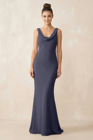 Cowl Neck Sheath Chiffon Bridesmaid Dress in Dusk Blue - KissProm Bridesmaid Dresses