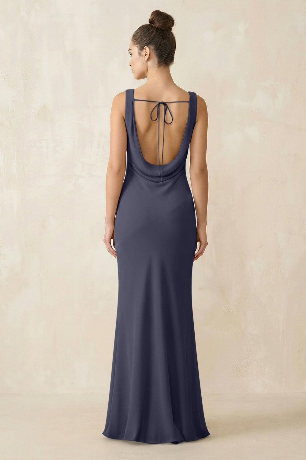 Cowl Neck Sheath Chiffon Bridesmaid Dress in Dusk Blue - KissProm Bridesmaid Dresses