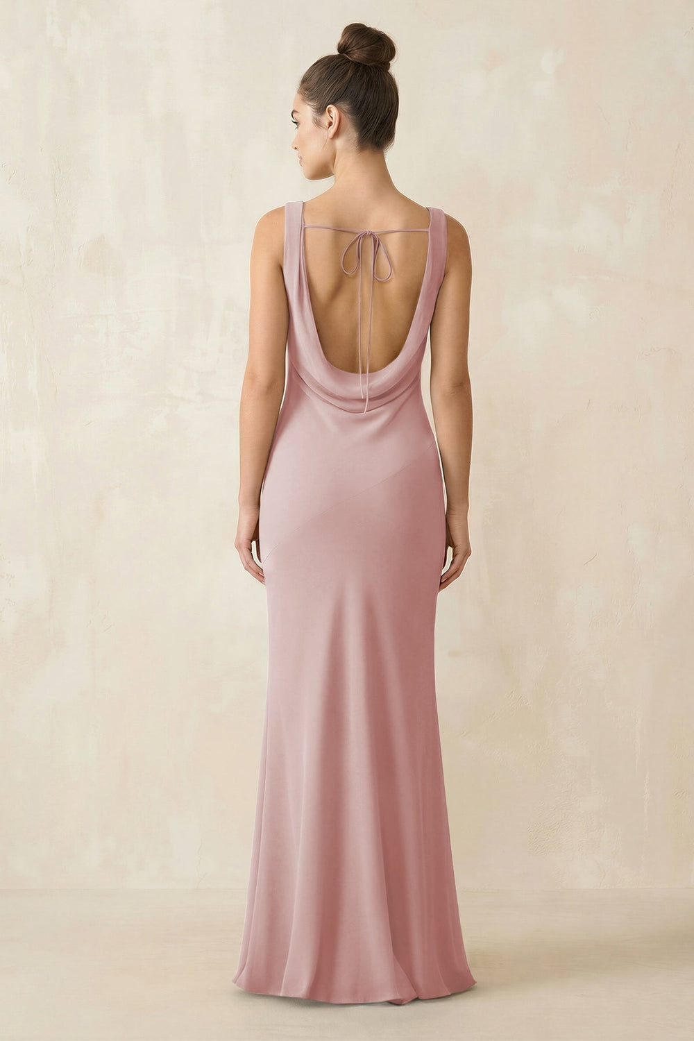 Cowl Neck Sheath Chiffon Bridesmaid Dress in Dusty Rose - KissProm Bridesmaid Dresses