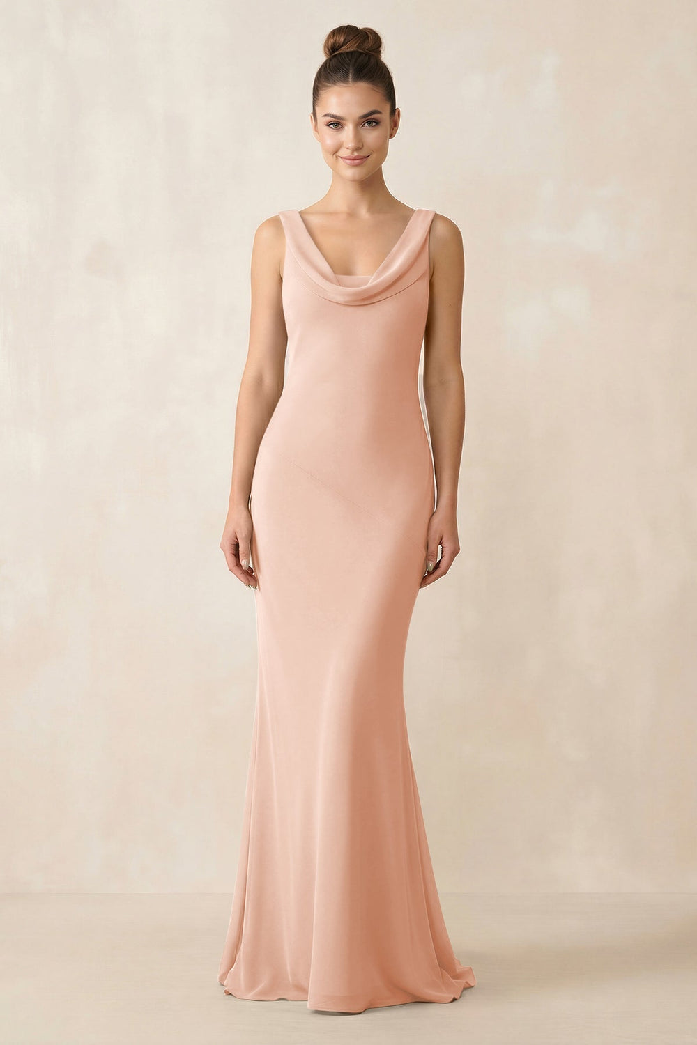Cowl Neck Sheath Chiffon Bridesmaid Dress in English Rose - KissProm Bridesmaid Dresses