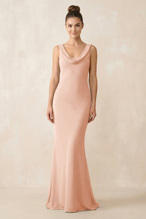 Cowl Neck Sheath Chiffon Bridesmaid Dress in English Rose - KissProm Bridesmaid Dresses