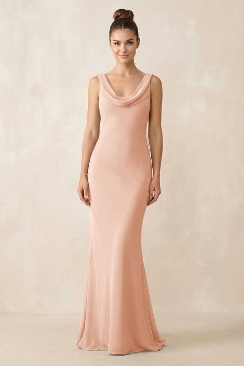 Cowl Neck Sheath Chiffon Bridesmaid Dress in English Rose - KissProm Bridesmaid Dresses