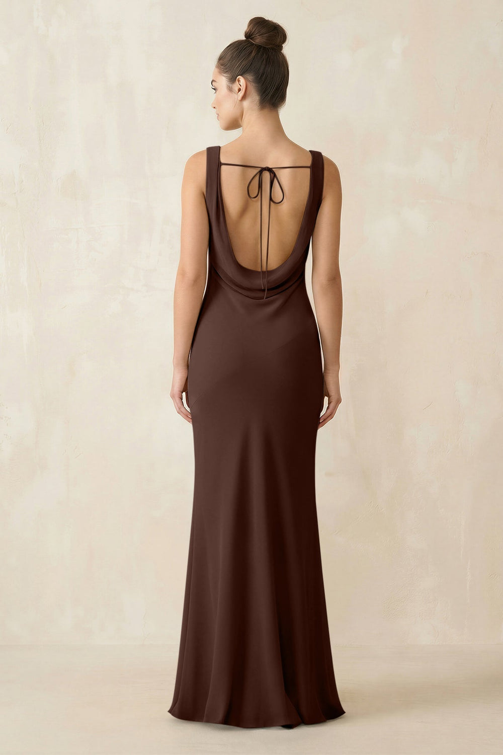 Cowl Neck Sheath Chiffon Bridesmaid Dress in Espresso - KissProm Bridesmaid Dresses