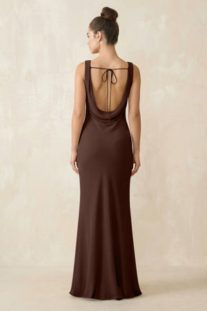 Cowl Neck Sheath Chiffon Bridesmaid Dress in Espresso - KissProm Bridesmaid Dresses