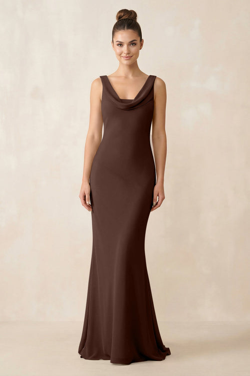 Cowl Neck Sheath Chiffon Bridesmaid Dress in Espresso - KissProm Bridesmaid Dresses