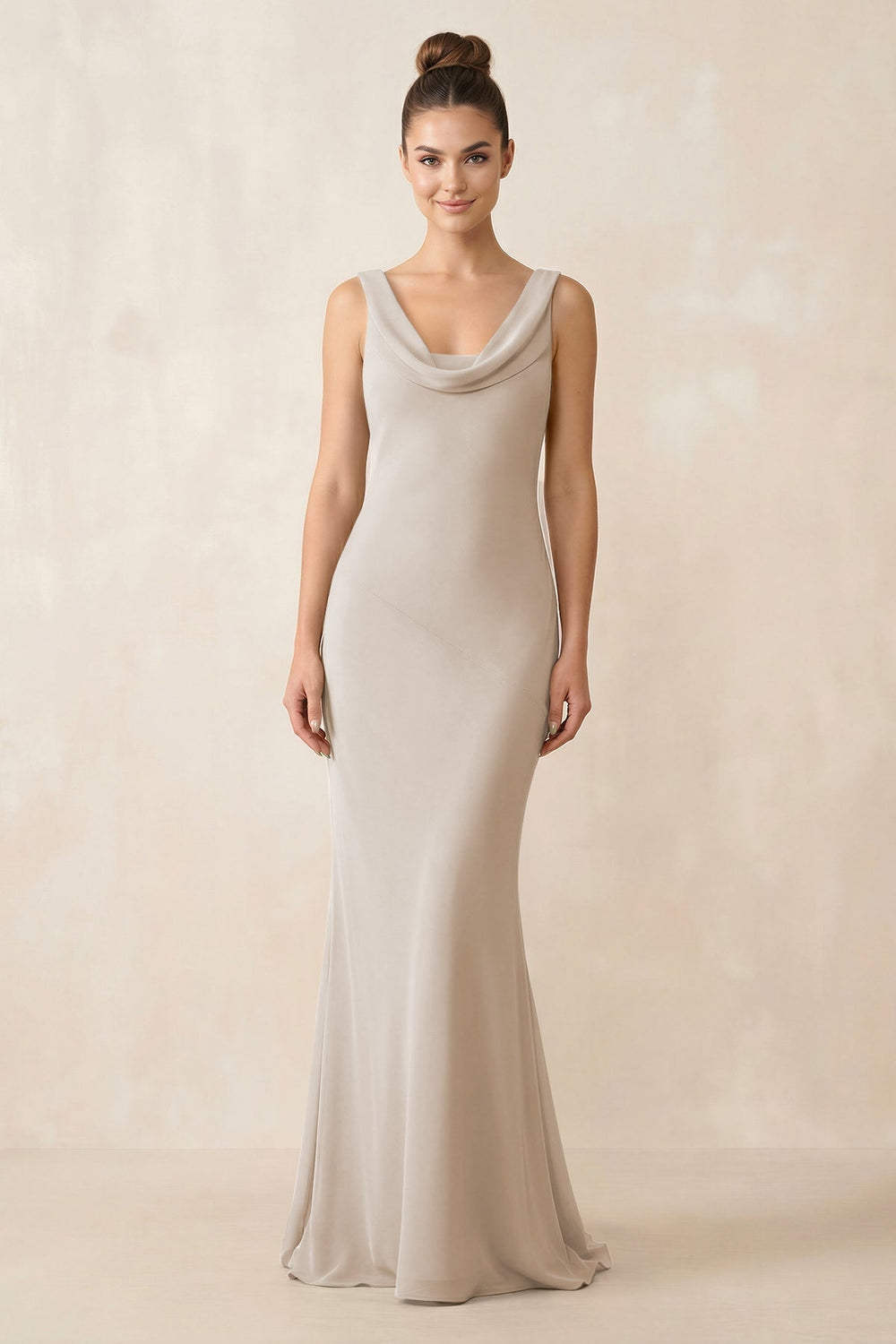 Cowl Neck Sheath Chiffon Bridesmaid Dress in Frost - KissProm Bridesmaid Dresses