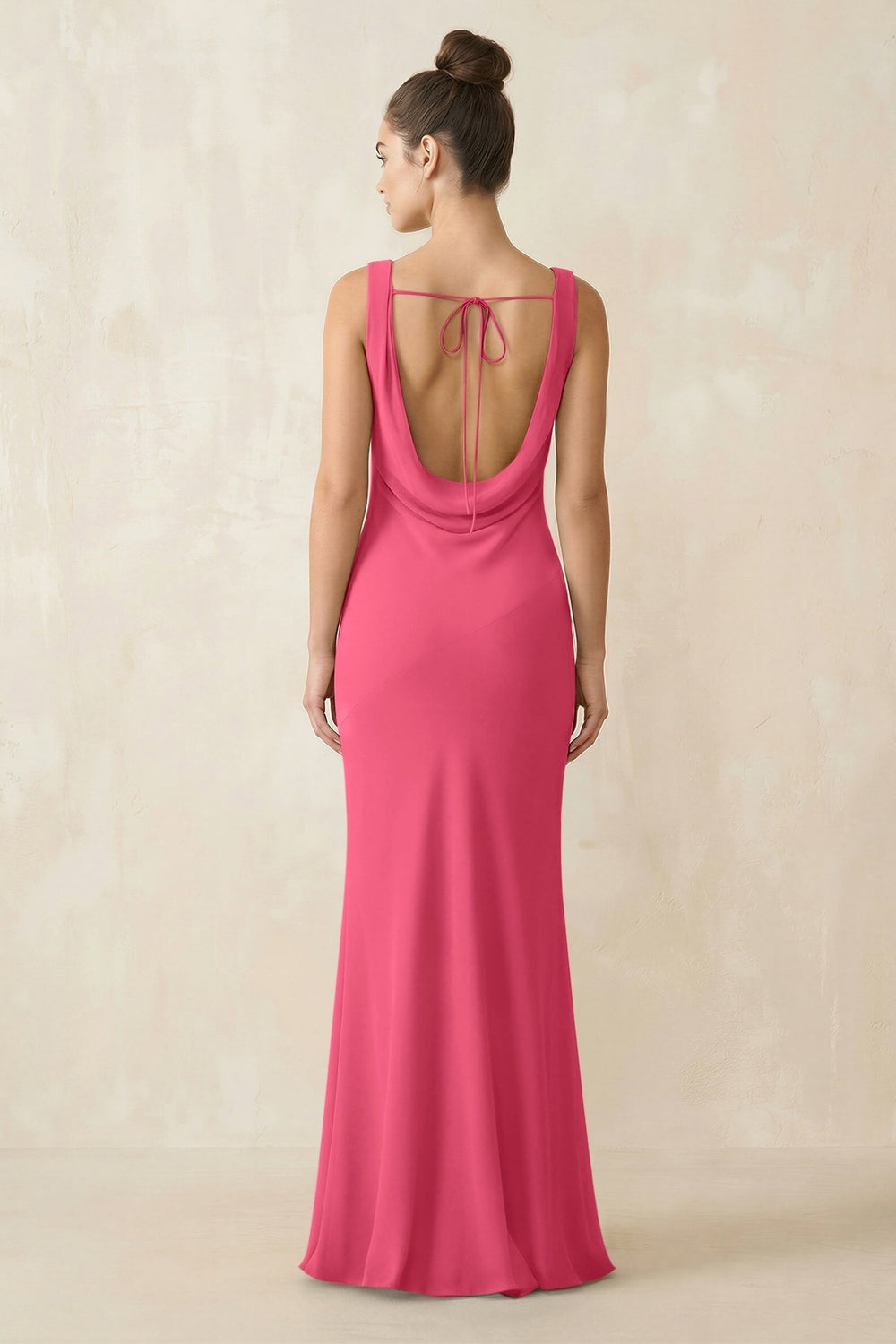 Cowl Neck Sheath Chiffon Bridesmaid Dress in Fuchsia - KissProm Bridesmaid Dresses