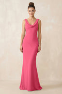 Cowl Neck Sheath Chiffon Bridesmaid Dress in Fuchsia - KissProm Bridesmaid Dresses