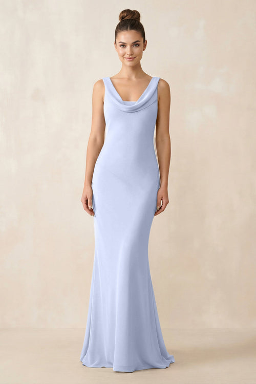 Cowl Neck Sheath Chiffon Bridesmaid Dress in Ice - KissProm Bridesmaid Dresses