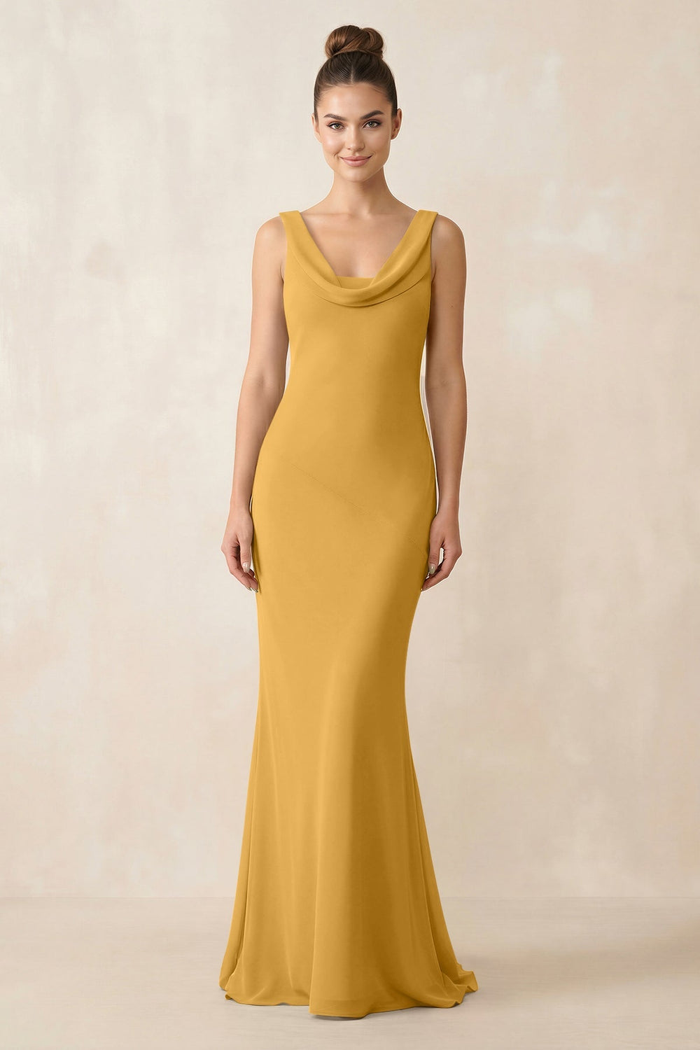 Cowl Neck Sheath Chiffon Bridesmaid Dress in Marigold - KissProm Bridesmaid Dresses