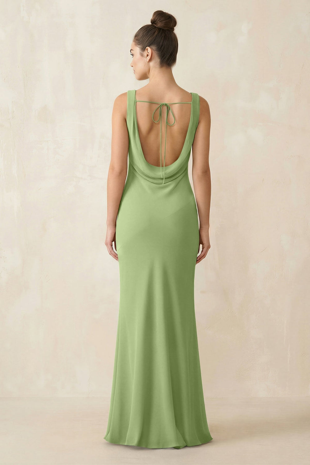 Cowl Neck Sheath Chiffon Bridesmaid Dress in Matcha - KissProm Bridesmaid Dresses