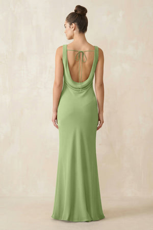 Cowl Neck Sheath Chiffon Bridesmaid Dress in Matcha - KissProm Bridesmaid Dresses