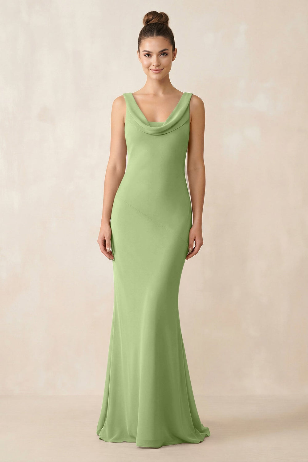 Cowl Neck Sheath Chiffon Bridesmaid Dress in Matcha - KissProm Bridesmaid Dresses