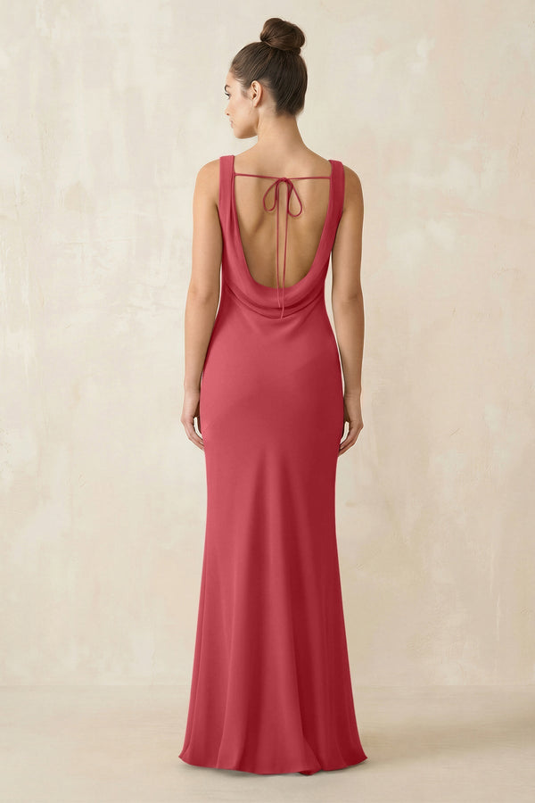 Cowl Neck Sheath Chiffon Bridesmaid Dress in Merlot - KissProm Bridesmaid Dresses
