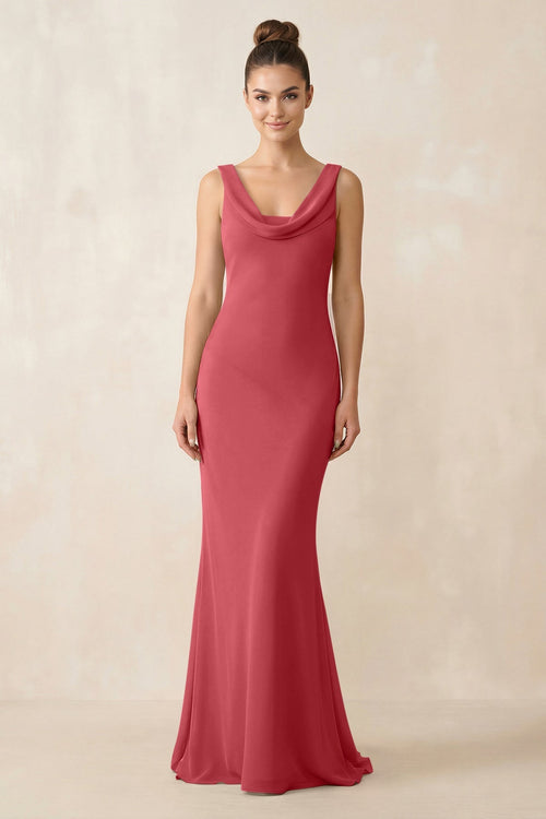 Cowl Neck Sheath Chiffon Bridesmaid Dress in Merlot - KissProm Bridesmaid Dresses