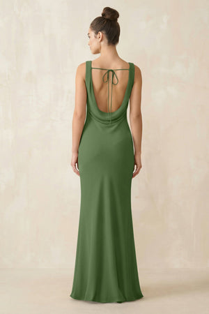 Cowl Neck Sheath Chiffon Bridesmaid Dress in Moss - KissProm Bridesmaid Dresses