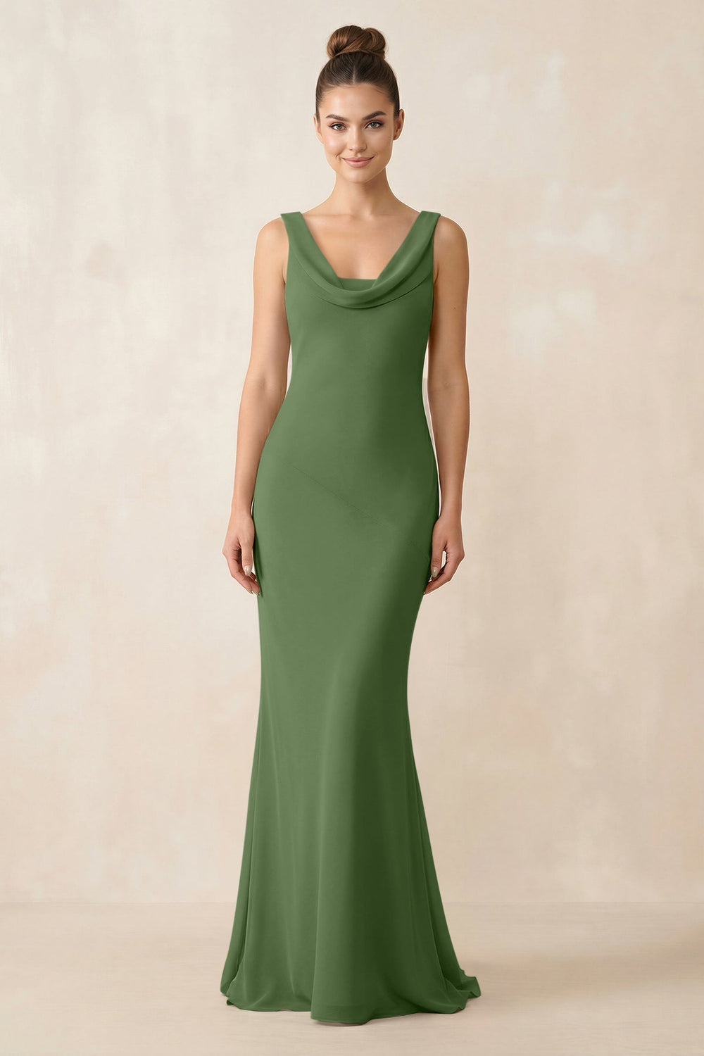 Cowl Neck Sheath Chiffon Bridesmaid Dress in Moss - KissProm Bridesmaid Dresses