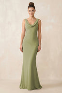 Cowl Neck Sheath Chiffon Bridesmaid Dress in Moss Green - KissProm Bridesmaid Dresses
