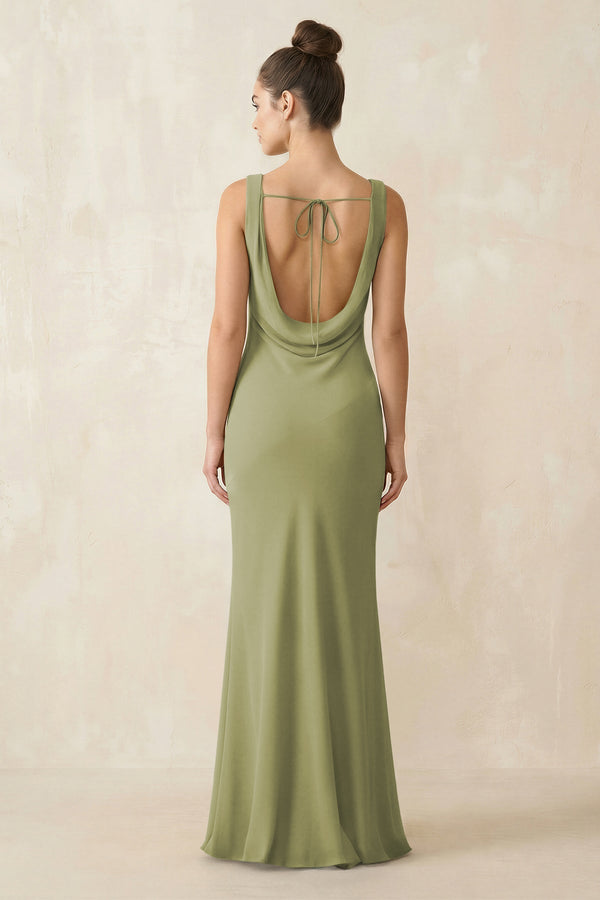 Cowl Neck Sheath Chiffon Bridesmaid Dress in Moss Green - KissProm Bridesmaid Dresses