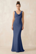 Cowl Neck Sheath Chiffon Bridesmaid Dress in Navy - KissProm Bridesmaid Dresses