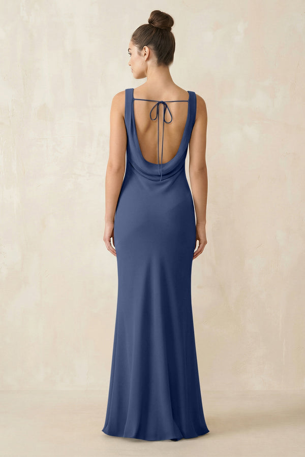 KissProm | Cowl Neck Sheath Chiffon Bridesmaid Dress in Navy KissProm | Cowl Neck Sheath Chiffon Bridesmaid Dress in Navy