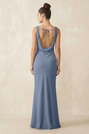 Cowl Neck Sheath Chiffon Bridesmaid Dress in Neptune - KissProm Bridesmaid Dresses