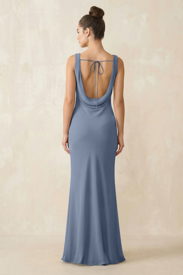 Cowl Neck Sheath Chiffon Bridesmaid Dress in Neptune - KissProm Bridesmaid Dresses
