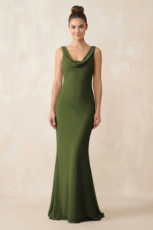 Cowl Neck Sheath Chiffon Bridesmaid Dress in Olive - KissProm Bridesmaid Dresses